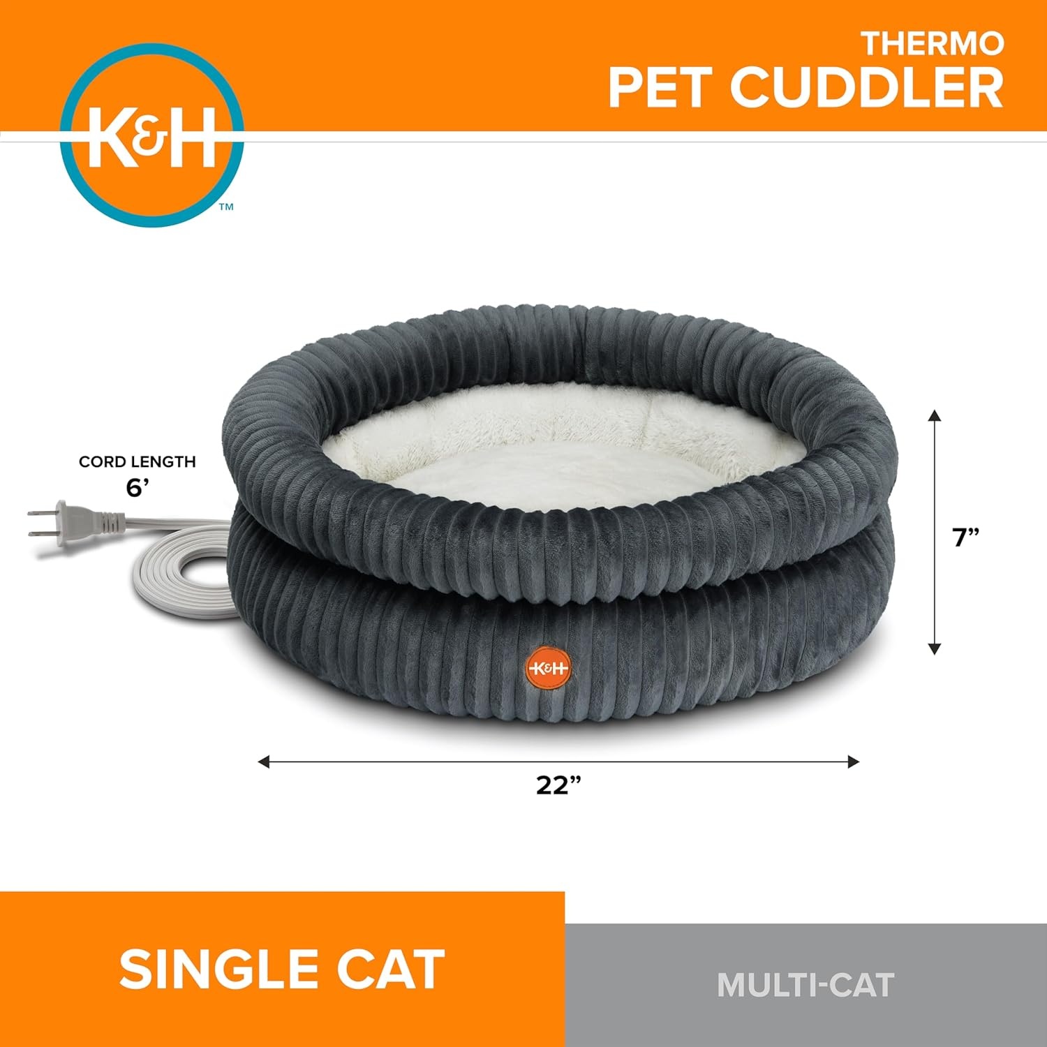 image:imageKampH Heated Cat Bed Thermo Pet Cuddler Indoor Safety Listed Gray 22in  Removable Waterproof Cat Heating Pad Calming Small Donut Heated Dog Bed with Dual Bolsters Machine Washable Non Slip Base