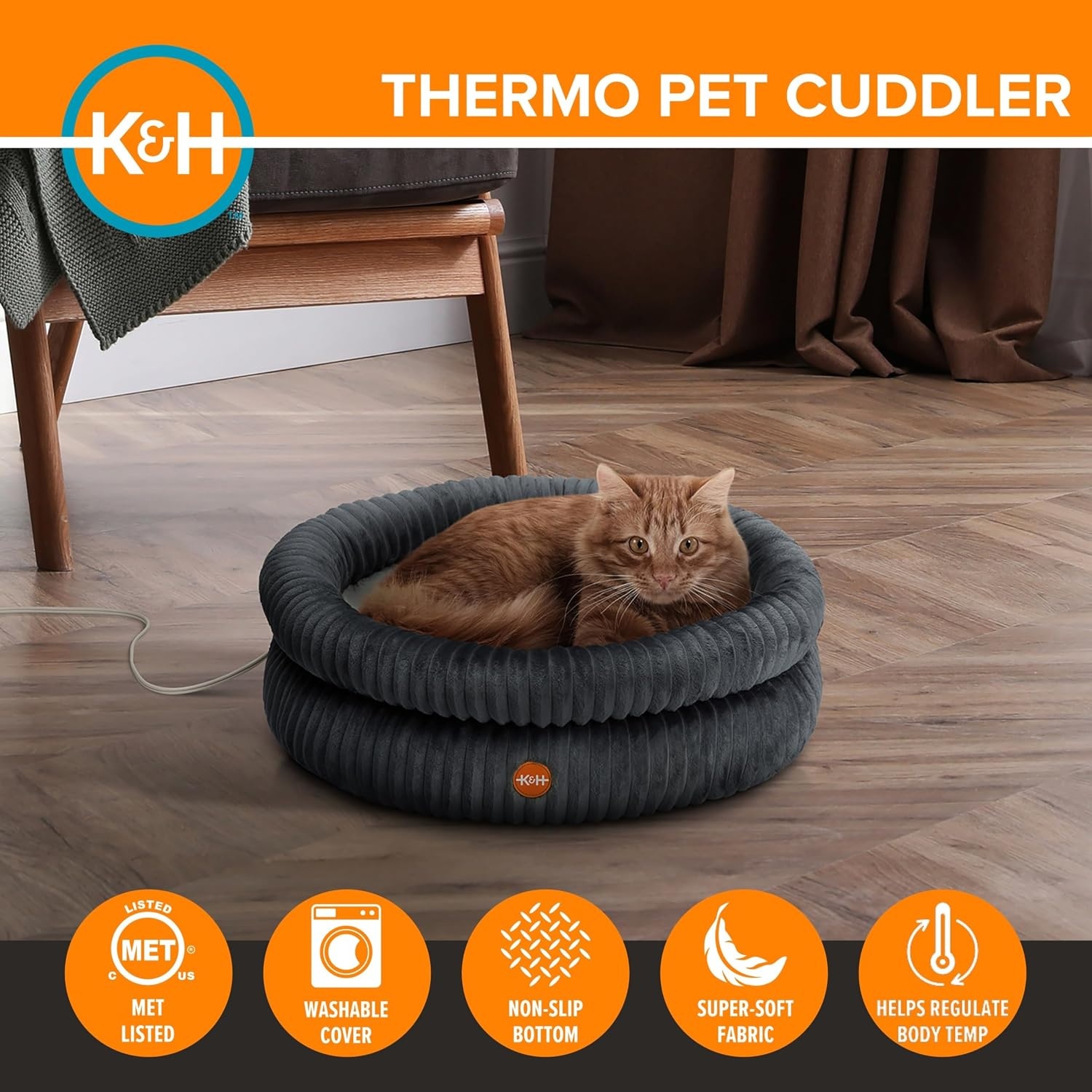 image:imageKampH Heated Cat Bed Thermo Pet Cuddler Indoor Safety Listed Gray 22in  Removable Waterproof Cat Heating Pad Calming Small Donut Heated Dog Bed with Dual Bolsters Machine Washable Non Slip Base