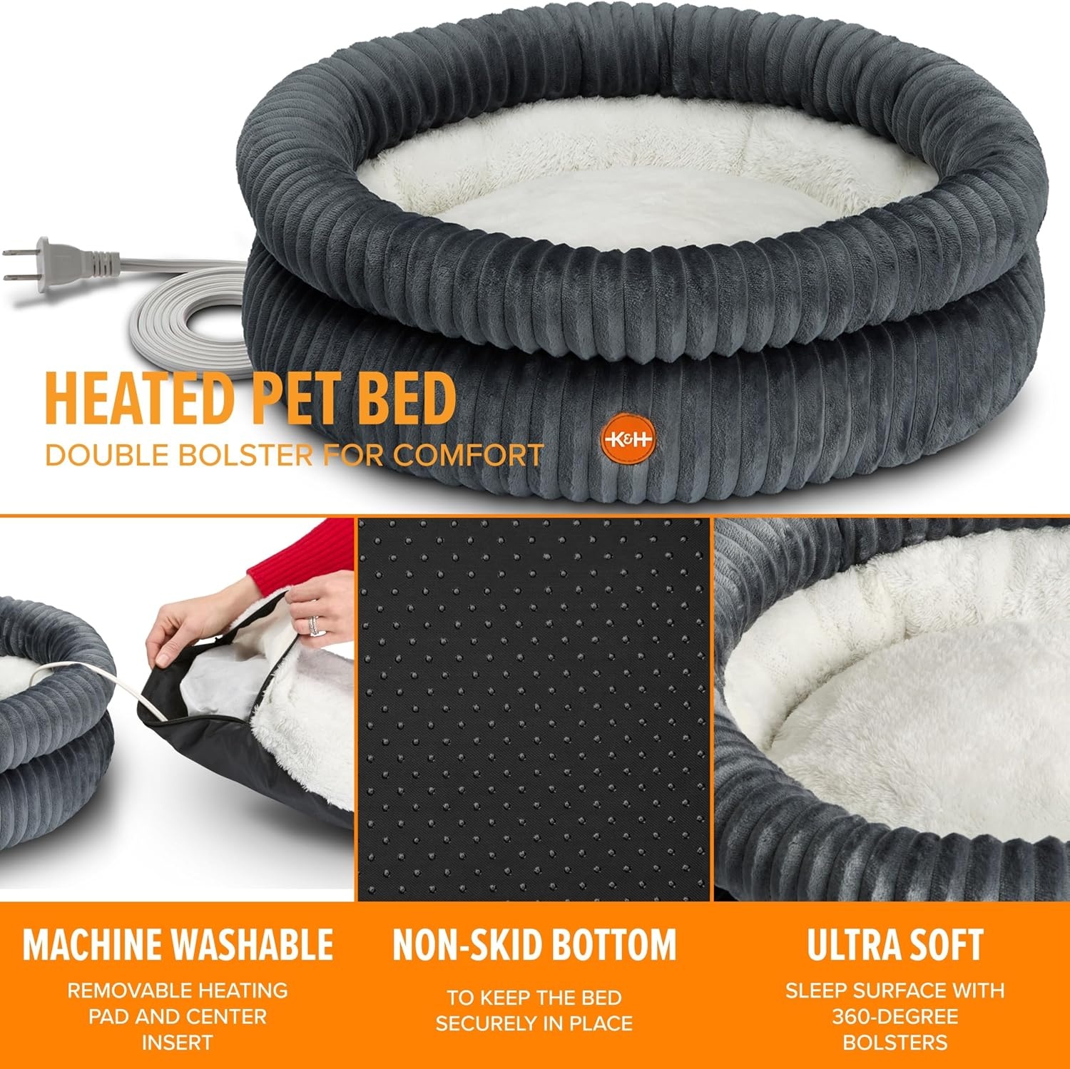image:imageKampH Heated Cat Bed Thermo Pet Cuddler Indoor Safety Listed Gray 22in  Removable Waterproof Cat Heating Pad Calming Small Donut Heated Dog Bed with Dual Bolsters Machine Washable Non Slip Base