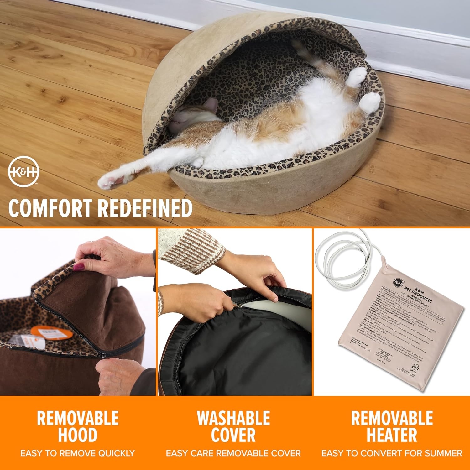 image:imageKampH Heated Cat Bed ThermoKitty Bed Deluxe Indoor Safety Listed 16in  Removable Waterproof Cat Heating Pad Machine Washable Covered Cave Pet Tent for Smaller Kitties Heated Dog Bed Small 4WTan