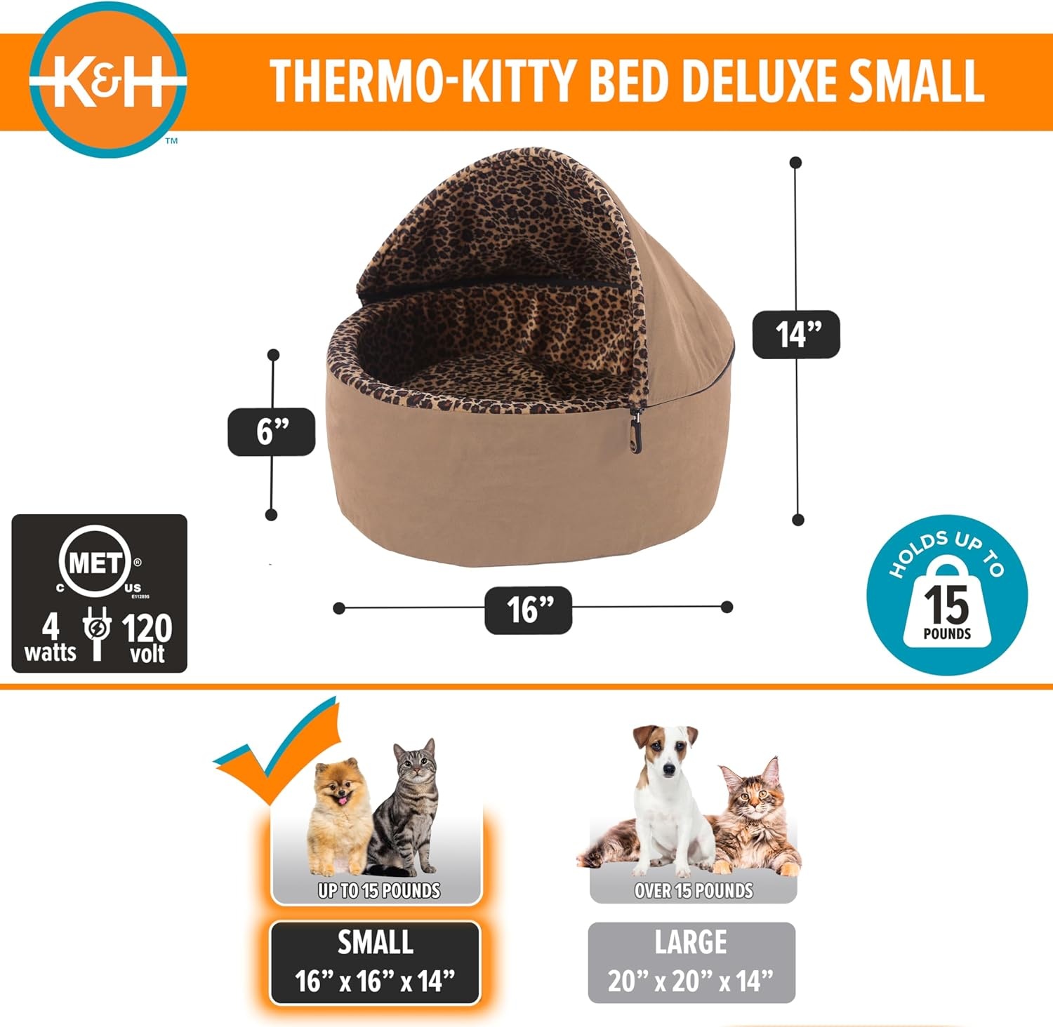 image:imageKampH Heated Cat Bed ThermoKitty Bed Deluxe Indoor Safety Listed 16in  Removable Waterproof Cat Heating Pad Machine Washable Covered Cave Pet Tent for Smaller Kitties Heated Dog Bed Small 4WTan