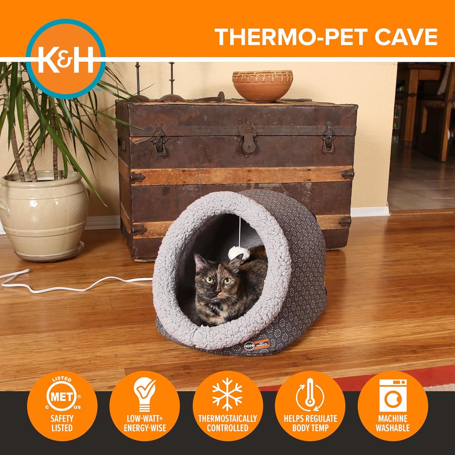 image:imageKampH Heated Cat Bed ThermoPet Cave Indoor Safety Listed 4W NavyGeo  Removable Waterproof Cat Heating Pad Heated Pet Bed for Dogs amp Cats Covered Cave Pet Tent Collapsible Machine WashableGrayGeo Flower