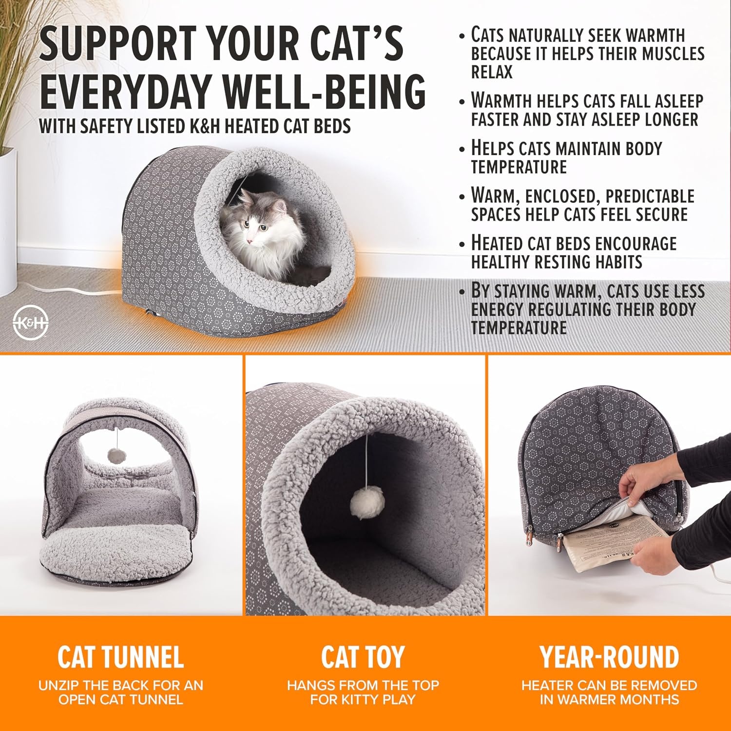 image:imageKampH Heated Cat Bed ThermoPet Cave Indoor Safety Listed 4W NavyGeo  Removable Waterproof Cat Heating Pad Heated Pet Bed for Dogs amp Cats Covered Cave Pet Tent Collapsible Machine WashableGrayGeo Flower