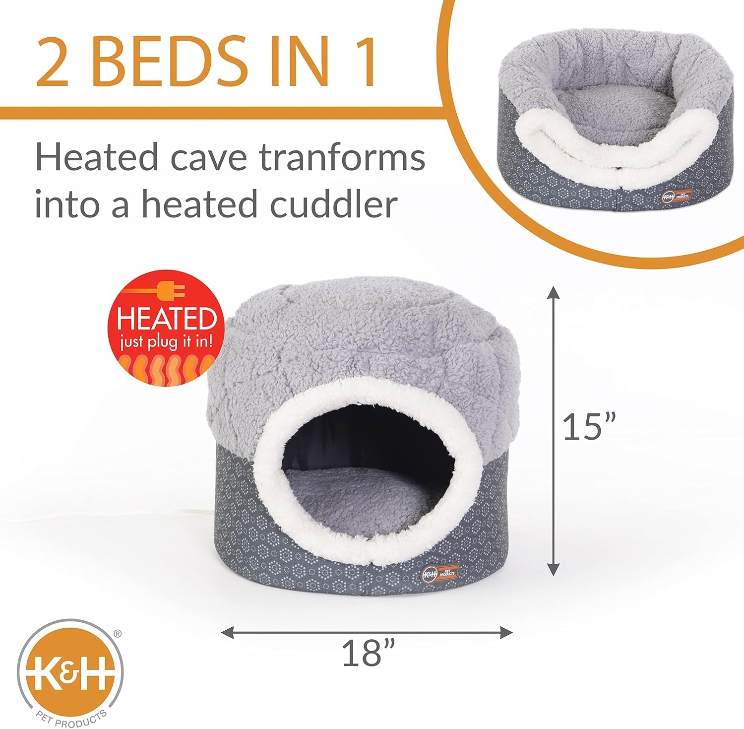 image:imageKampH Heated Cat Bed ThermoPet Nest Indoor Safety Listed Small Gray 4W  Removable Waterproof Cat Heating Pad 2in1 Heated Pet Cave Tent amp Cuddler Warming Bed Machine Washable 18x15in
