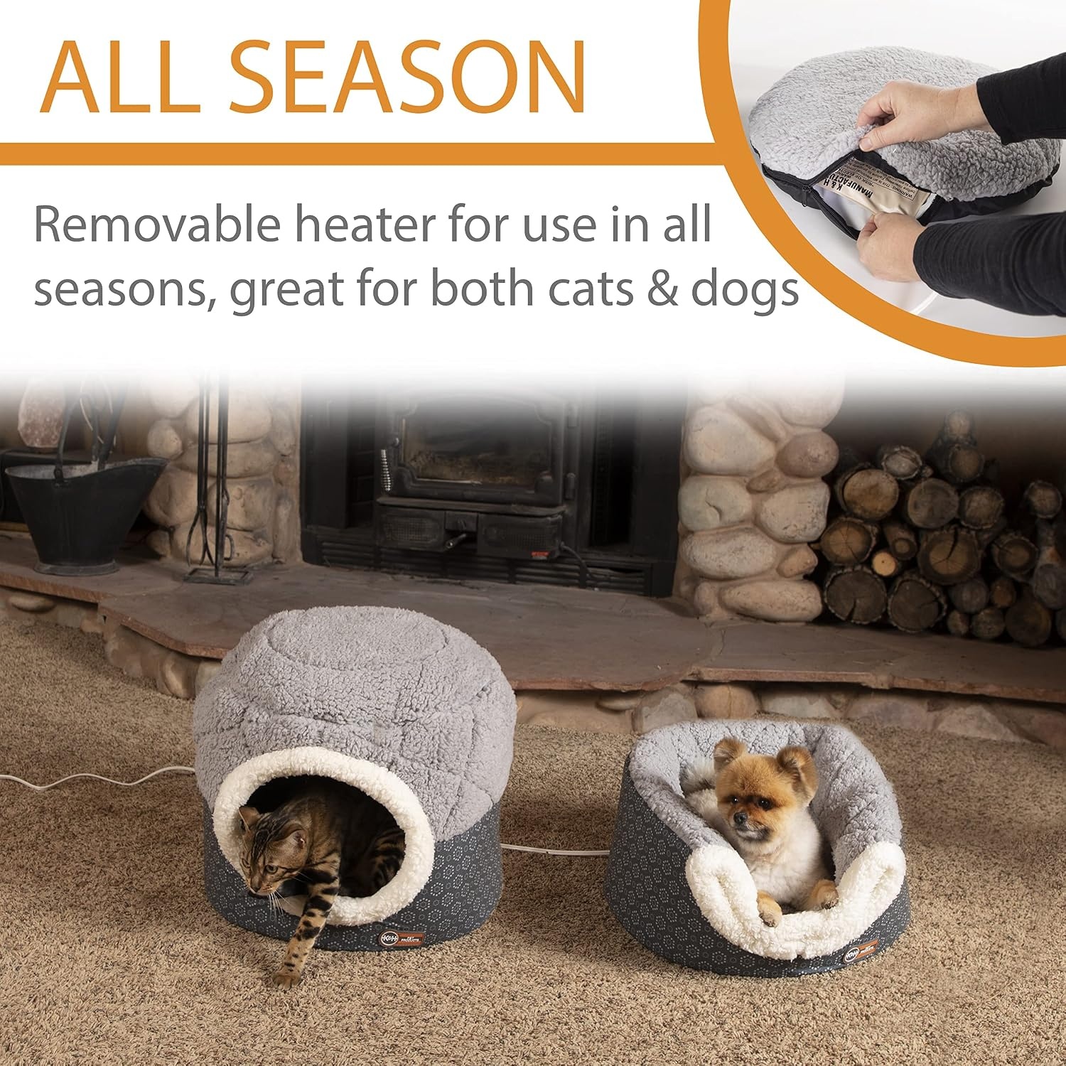 image:imageKampH Heated Cat Bed ThermoPet Nest Indoor Safety Listed Small Gray 4W  Removable Waterproof Cat Heating Pad 2in1 Heated Pet Cave Tent amp Cuddler Warming Bed Machine Washable 18x15in