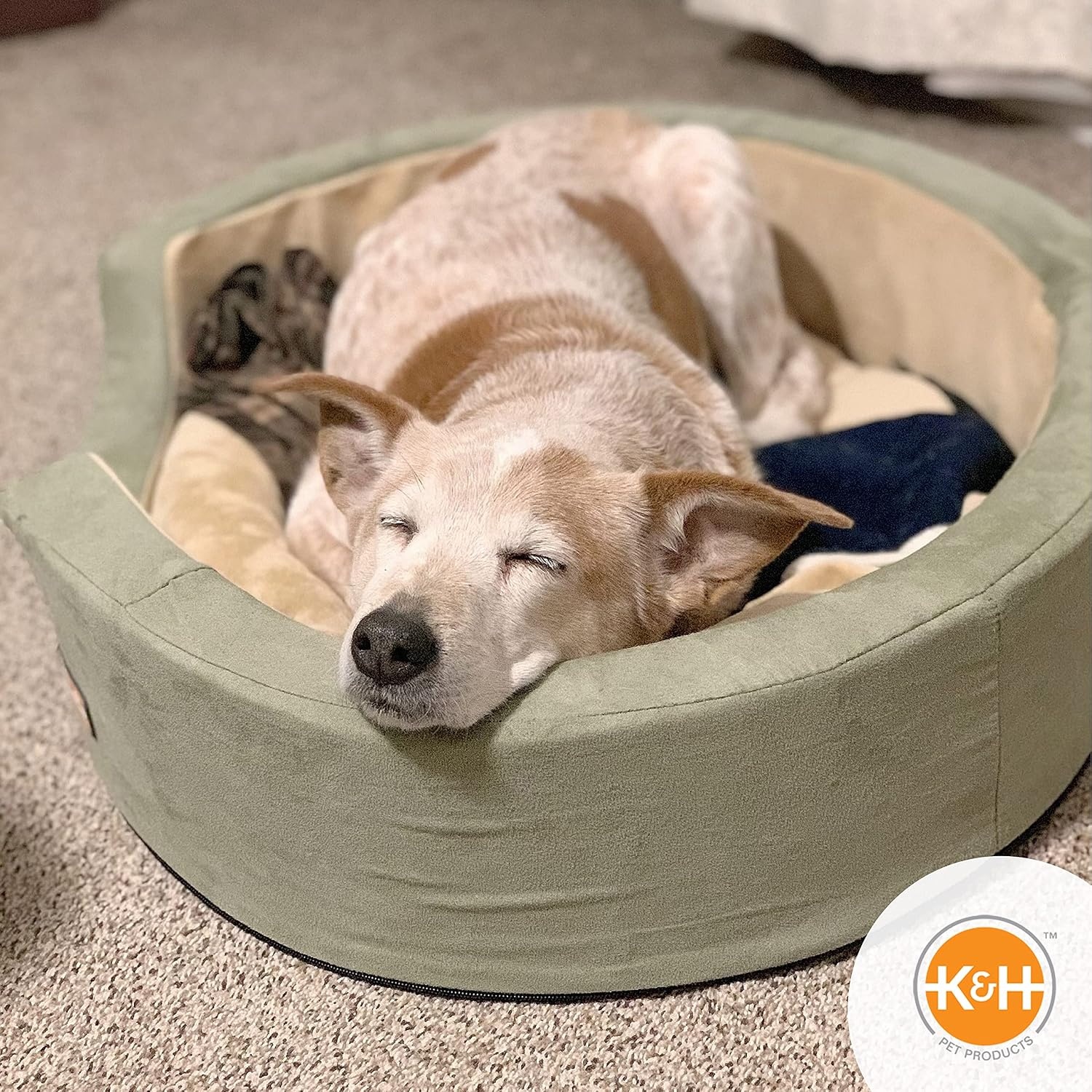 image:imageKampH Heated Dog Bed ThermoSnuggly Sleeper Indoor Safety Listed Medium 6W  Removable Waterproof Dog Heating Pad Calming Pillow Pet Bed Machine Washable 26x20in SageTanMedium 26 in X 20 in