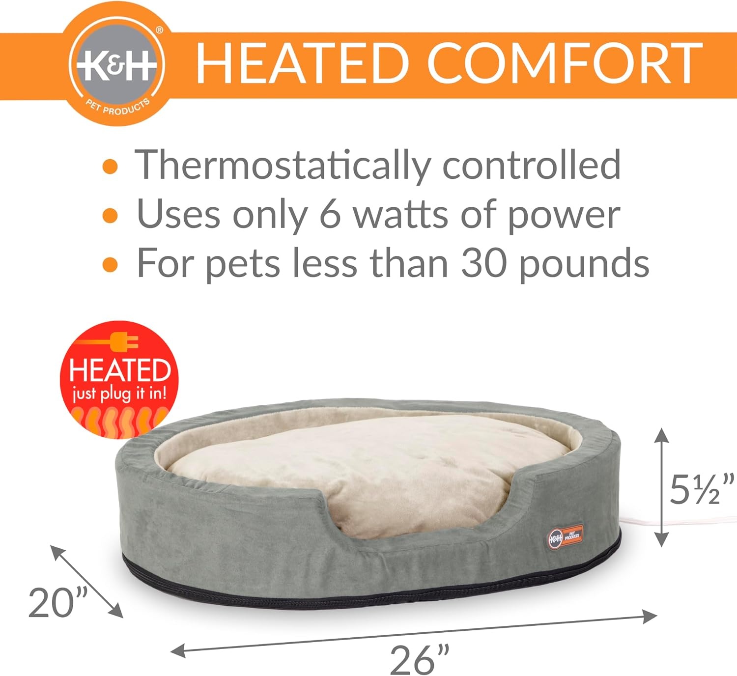 image:imageKampH Heated Dog Bed ThermoSnuggly Sleeper Indoor Safety Listed Medium 6W  Removable Waterproof Dog Heating Pad Calming Pillow Pet Bed Machine Washable 26x20in SageTanMedium 26 in X 20 in